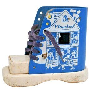 Vintage Playskool Wooden Lacing Shoe Toy Learn to Tie Old Woman in Shoe